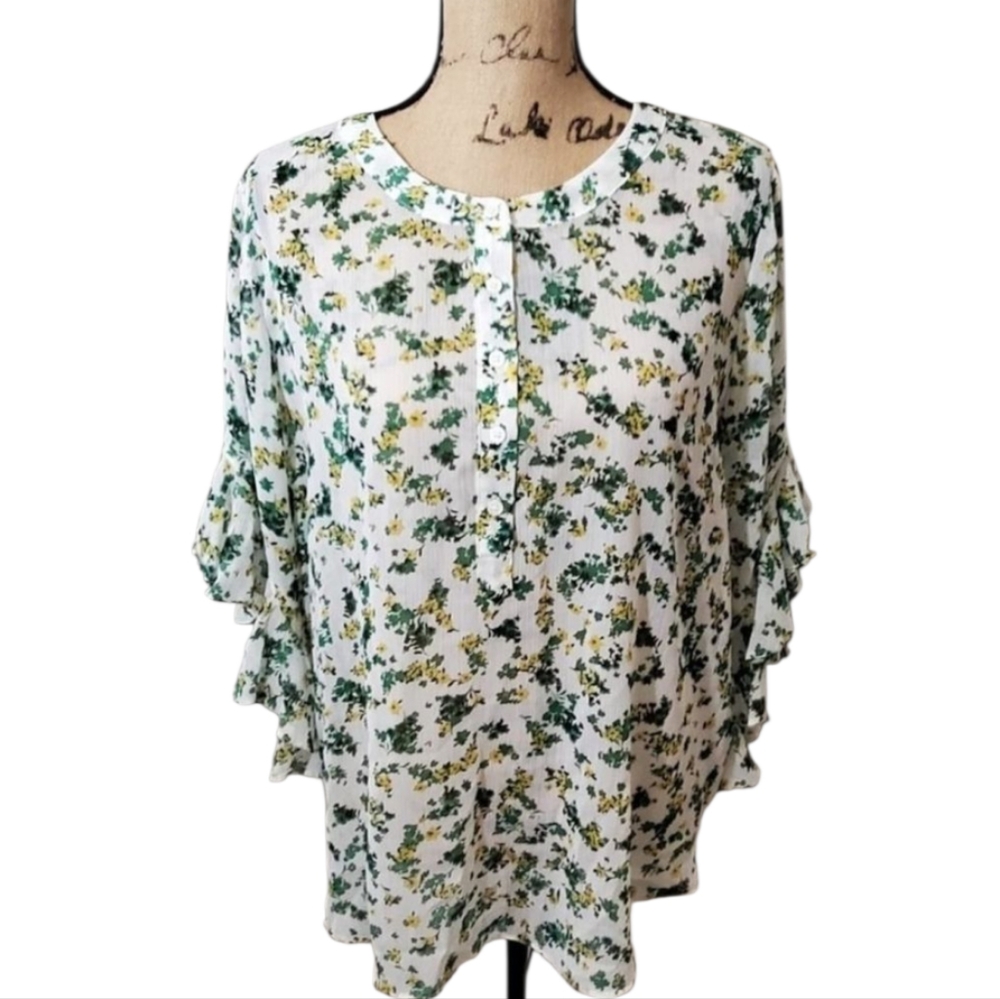 Vince Camuto Floral Ruffle Sleeve Blouse White Green Yellow‎ Spring Summer Top